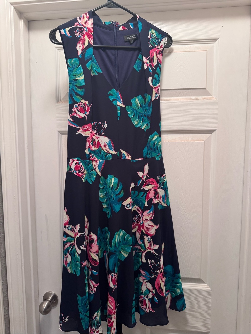 Tahari Navy Floral V-Neck Midi Dress with Teal and Pink Print